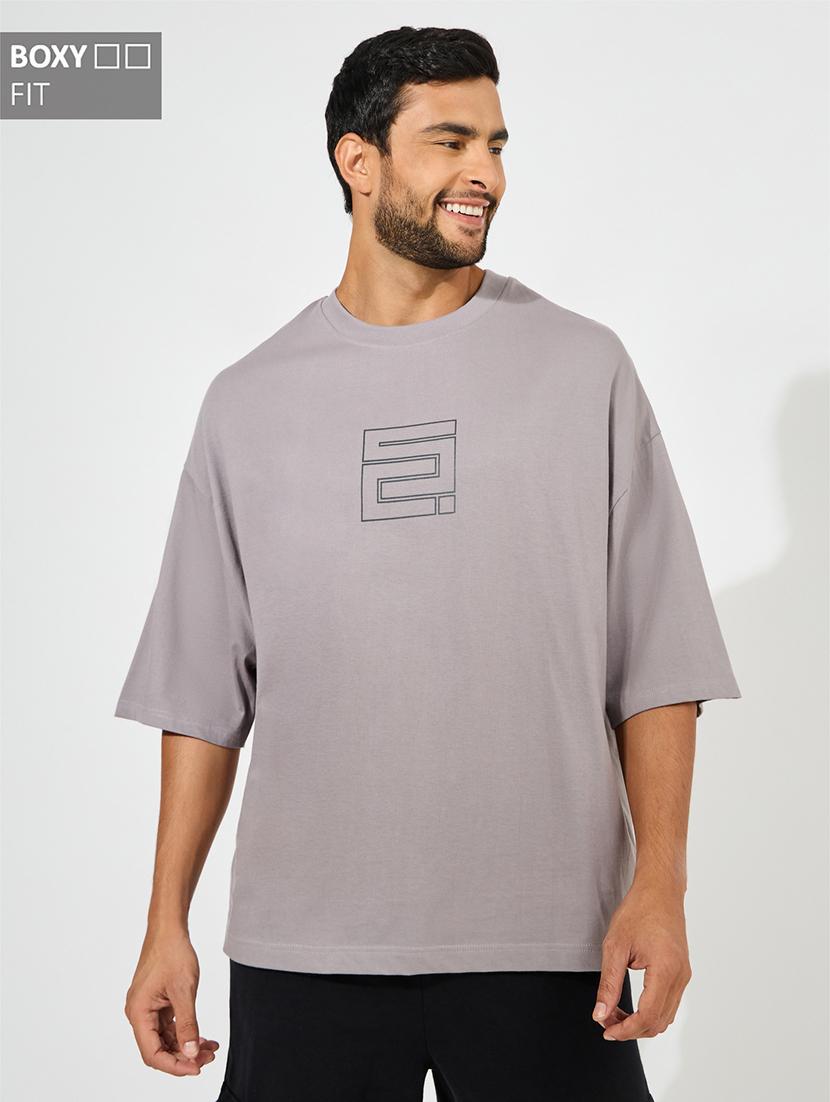 men grey cotton chest print t-shirt
