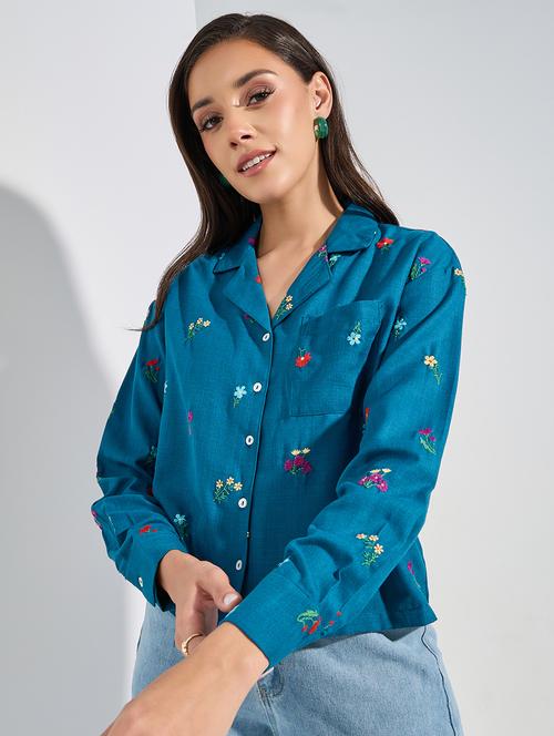 women blue cotton regular shirt - 21352135 - Standard Image - 0
