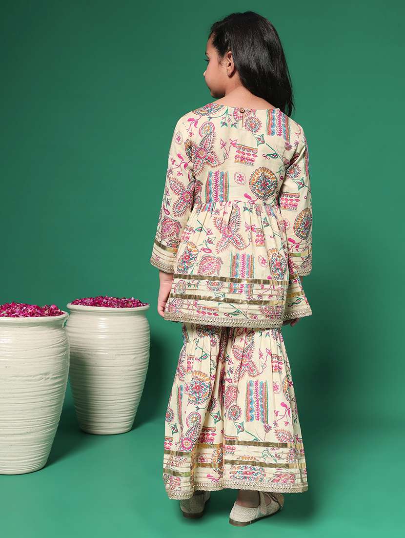 girls beige printed kurta sharara set - 21352849 -  Standard Image - 2