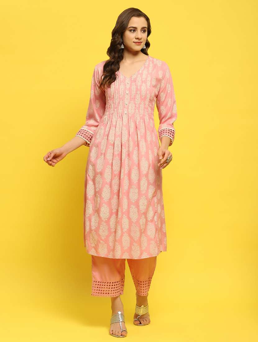 women v neck kurta pant set
