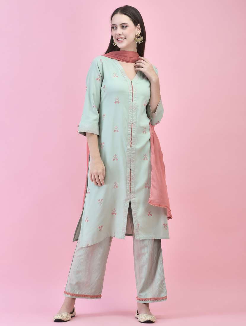 women three quarter sleeve kurta pant with dupatta set