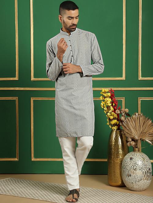 men mandarin neck embroidered long kurta - 21354500 - Standard Image - 0