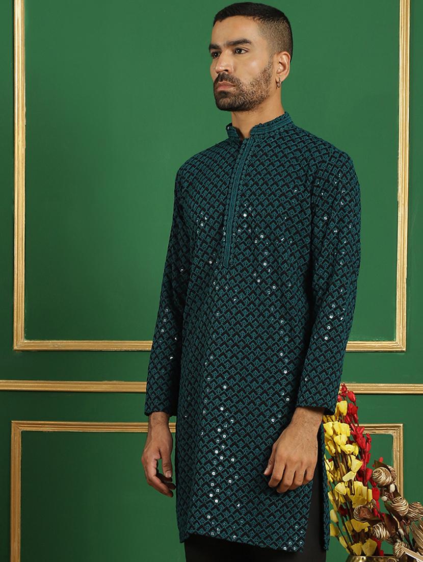 men solid with work mandarin neck long kurta - 21354504 - Standard Image - 2