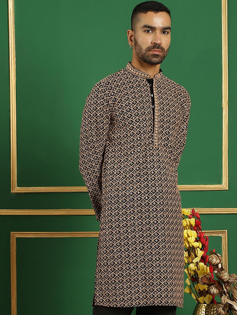 men mandarin neck embroidered long kurta - 21354505 - Standard Image - 2