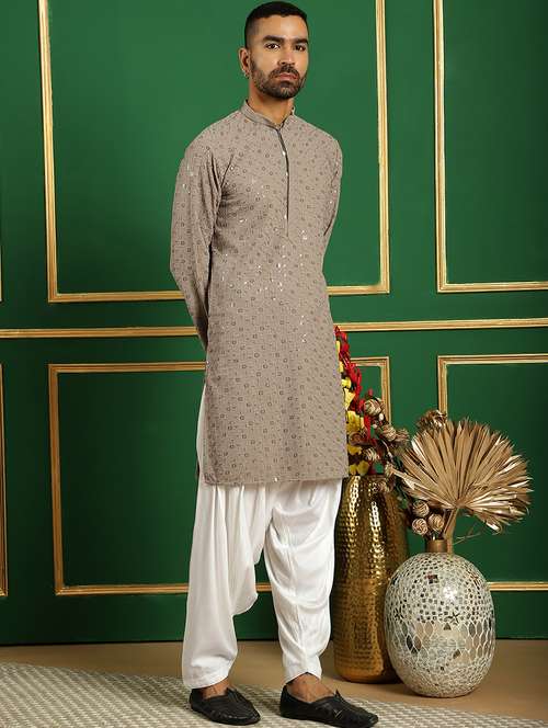 men mandarin neck embroidered long kurta