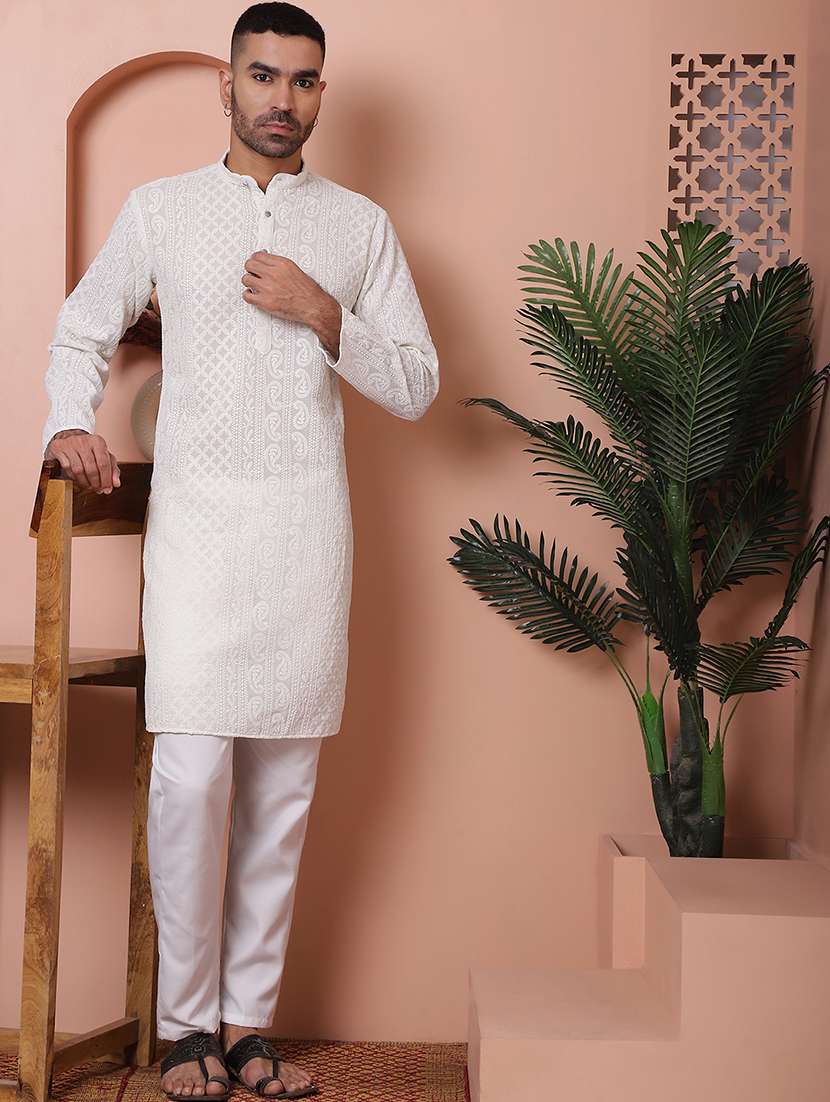 men mandarin neck embroidered long kurta