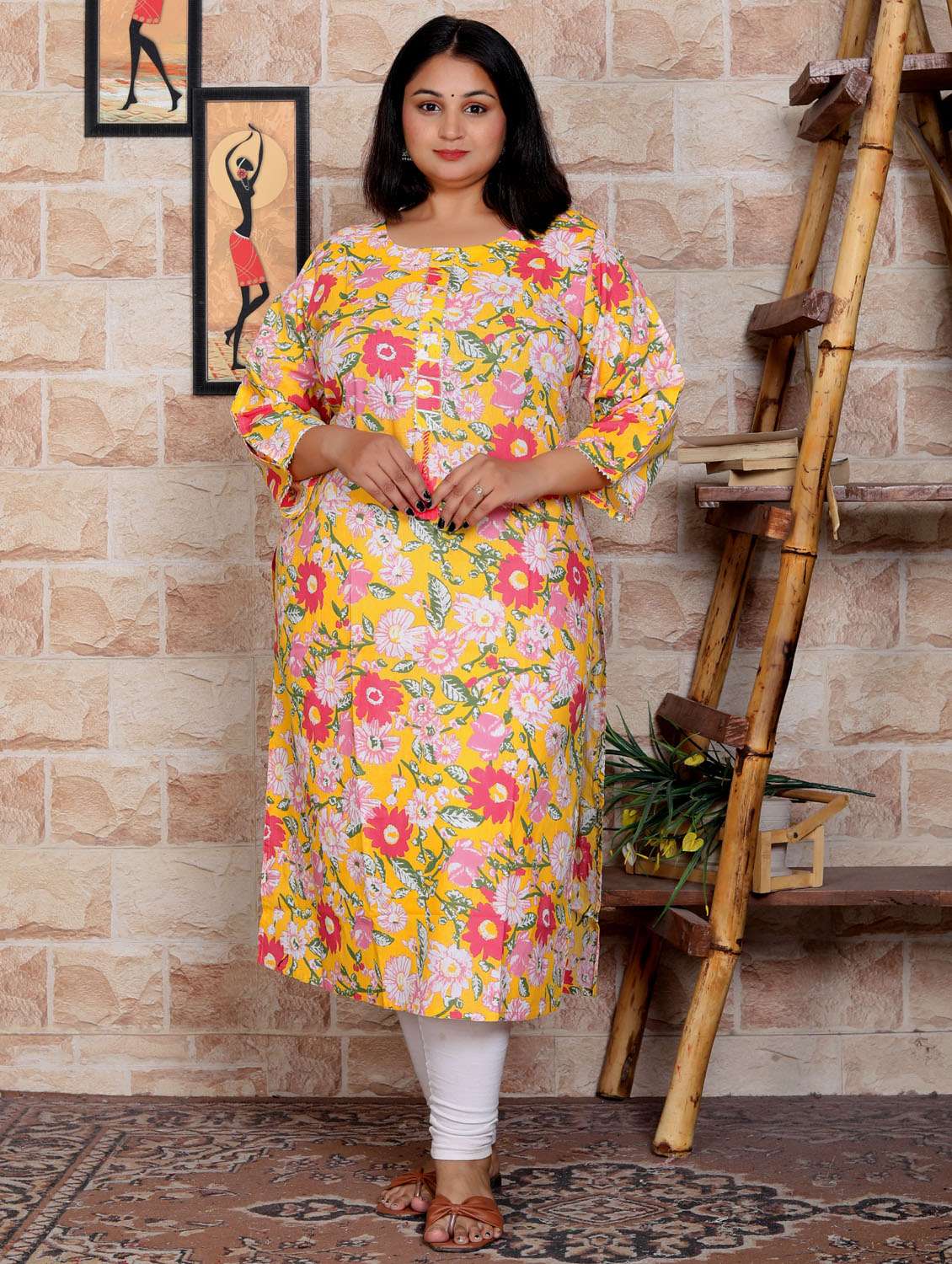 women three quarter sleeve plus size straight kurta