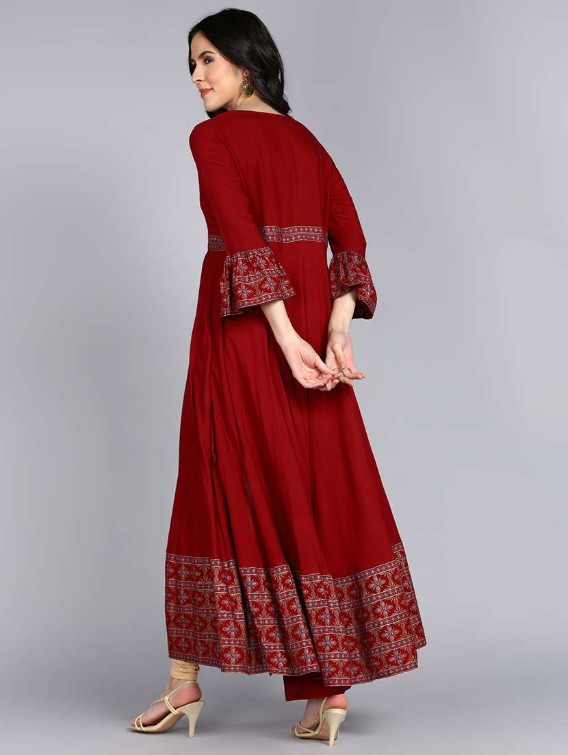 women maroon bell sleeves flared kurta - 21354703 -  Standard Image - 2
