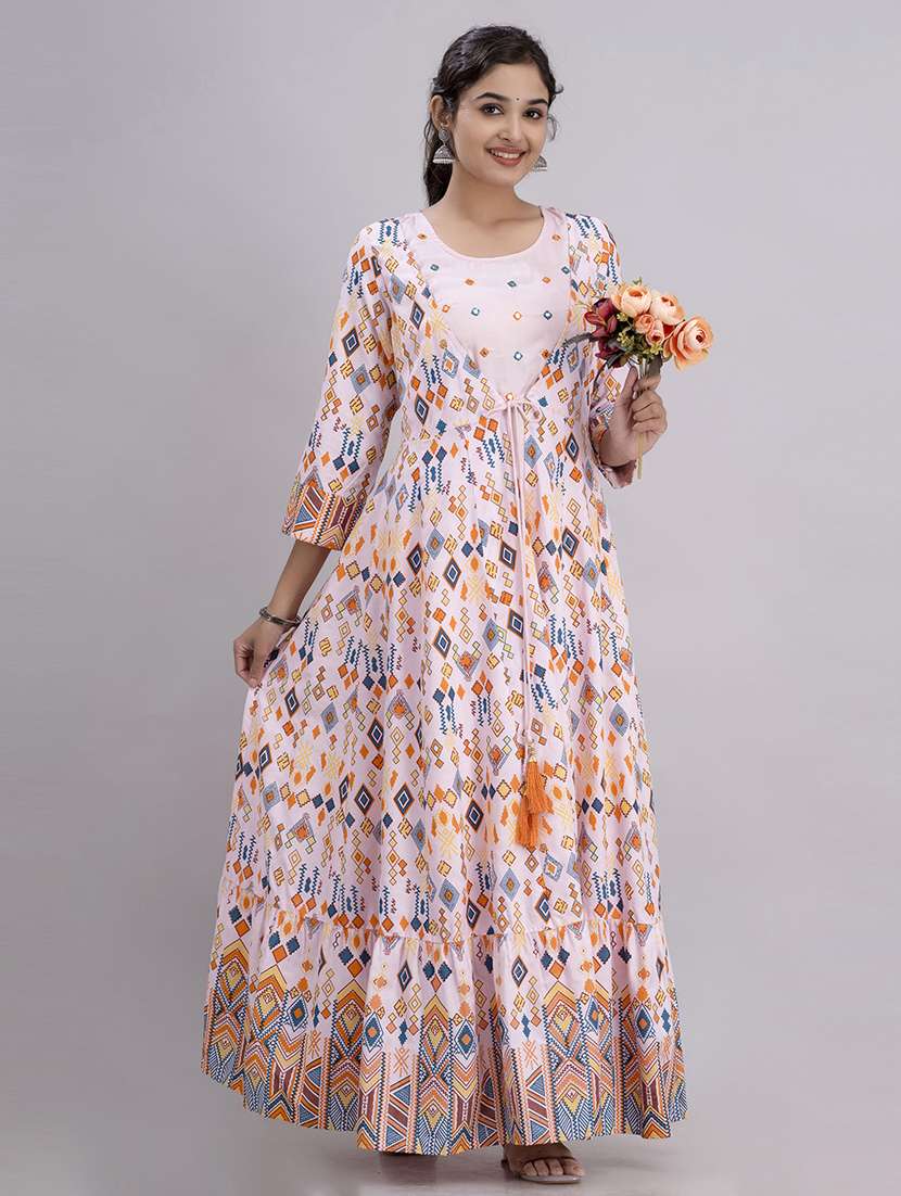 women multi color round neck anarkali dress