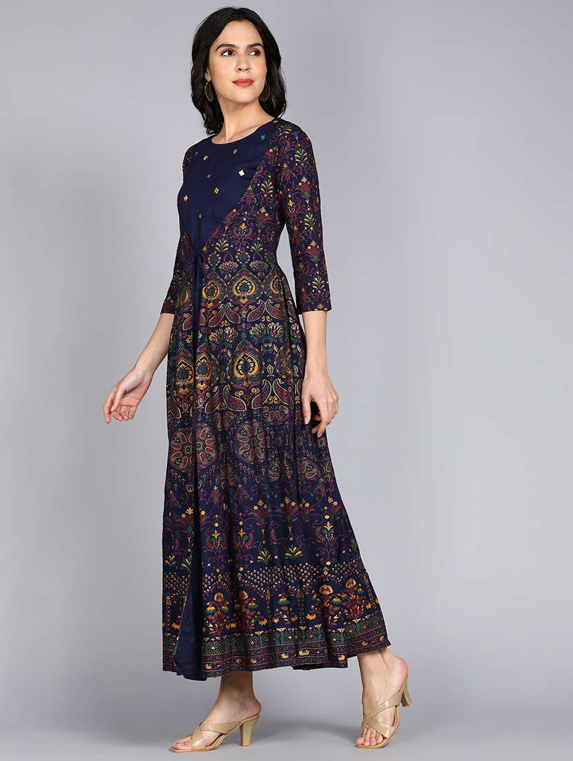 women blue round neck flared dress - 21354726 -  Standard Image - 2