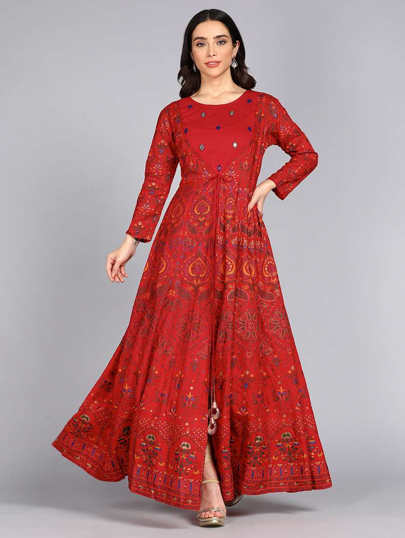 red printed long sleeve anarkali ethnic dress