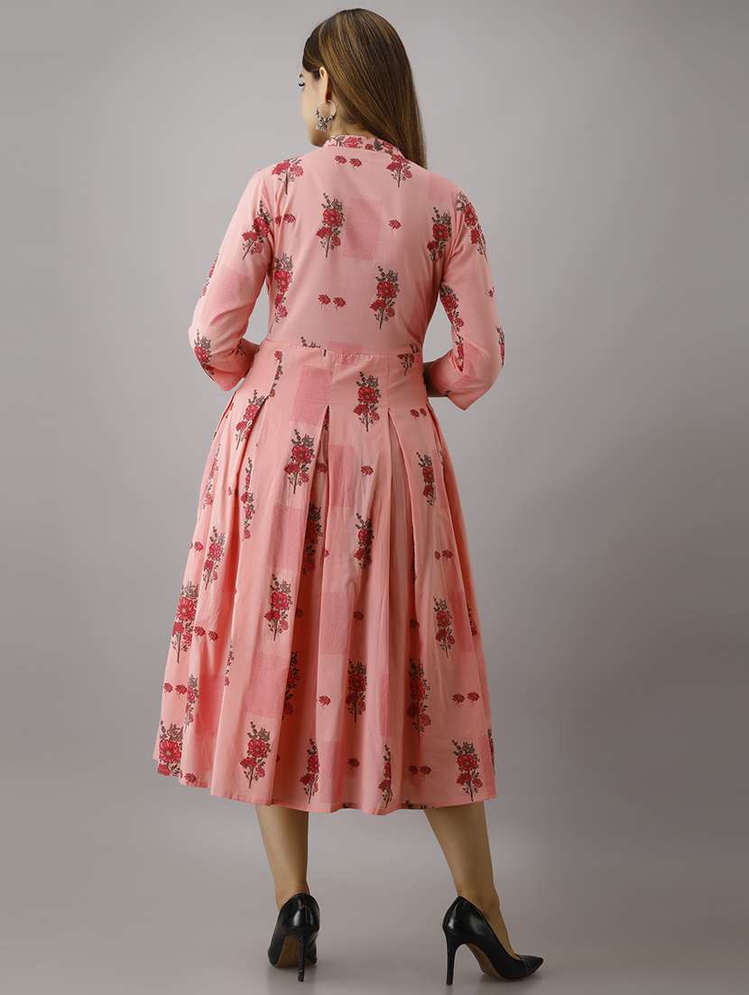 women pink mandarin neck flared dress - 21354730 -  Standard Image - 2