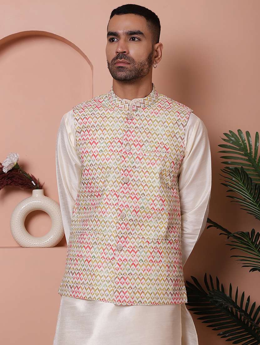 men mandarin neck printed nehru jacket