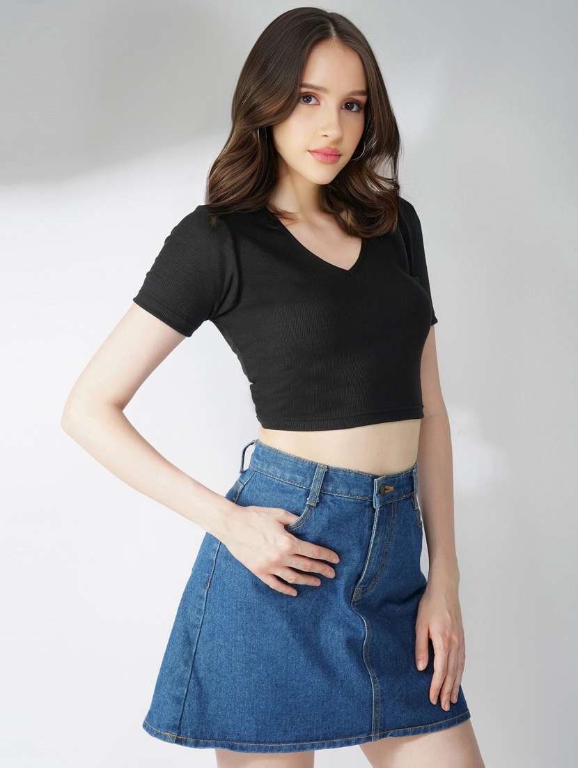 women solid short sleeves crop top