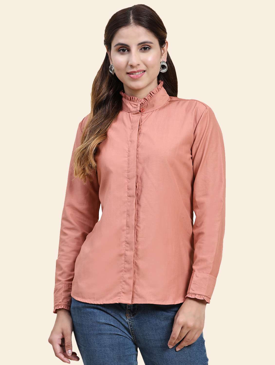 women solid mandrain neck long sleeves shirt - 21355859 -  Zoom Image - 0
