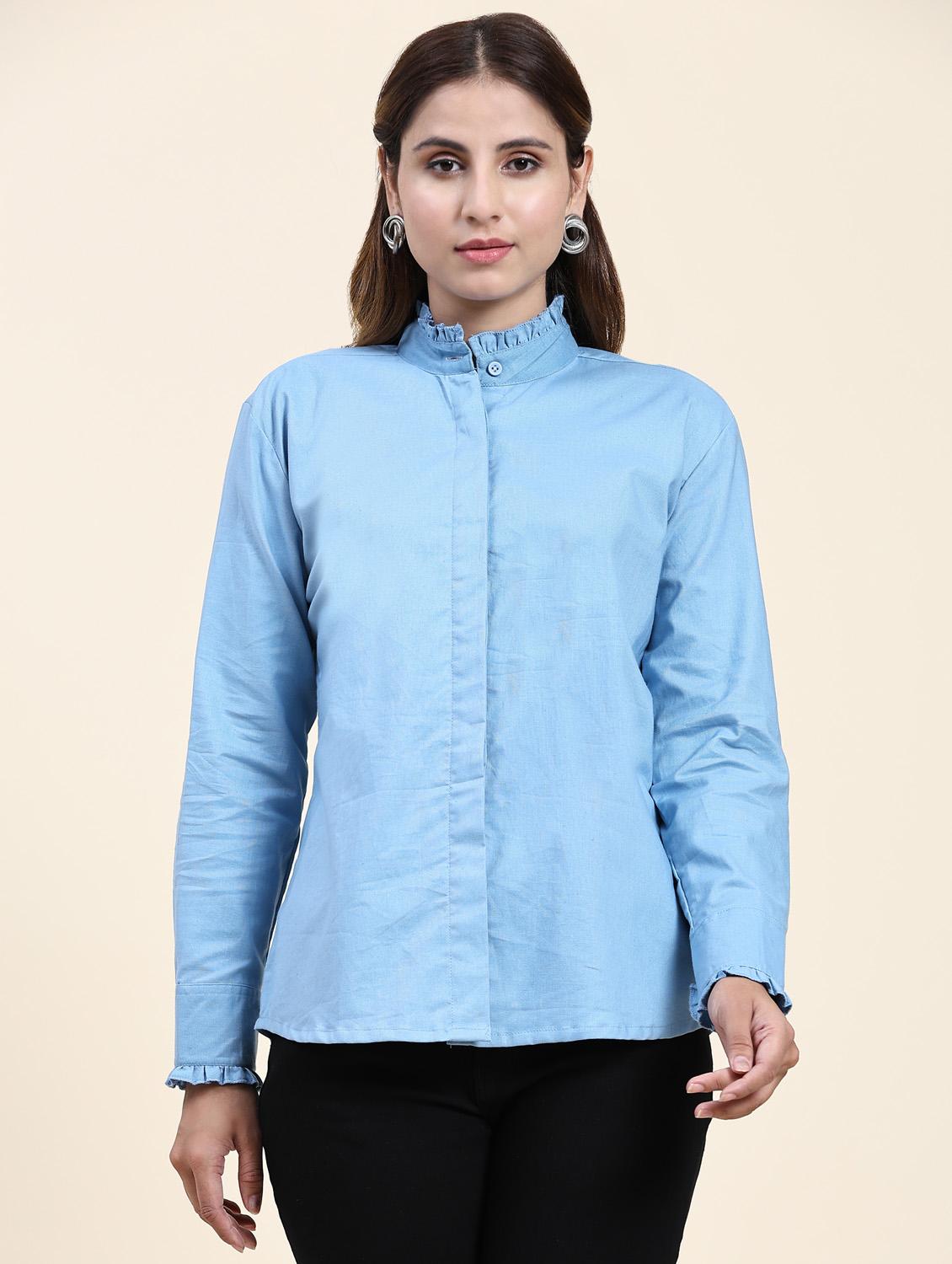 women solid mandrain neck long sleeves shirt - 21355861 - Zoom Image - 0
