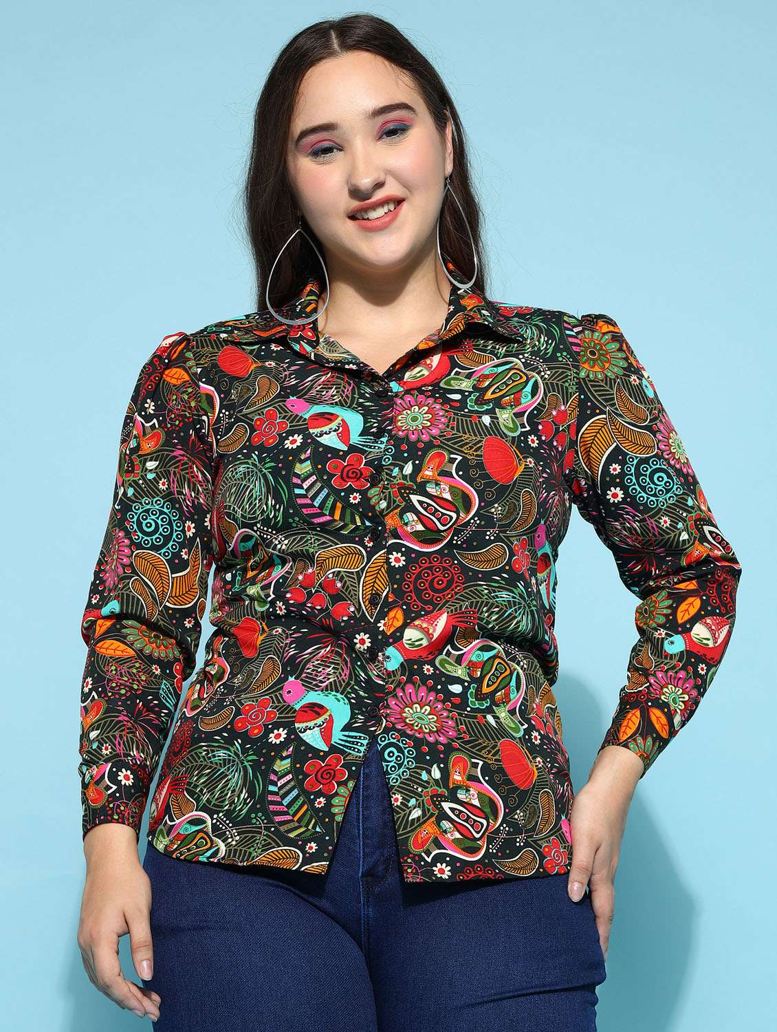 women printed collared puff sleeves shirt