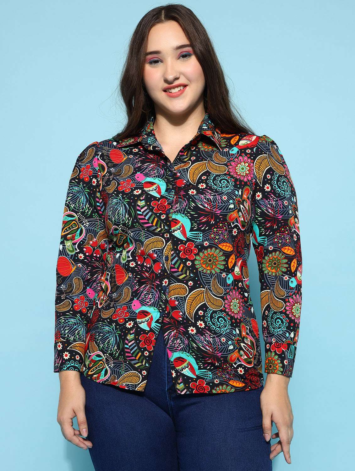 women printed collared puff sleeves shirt