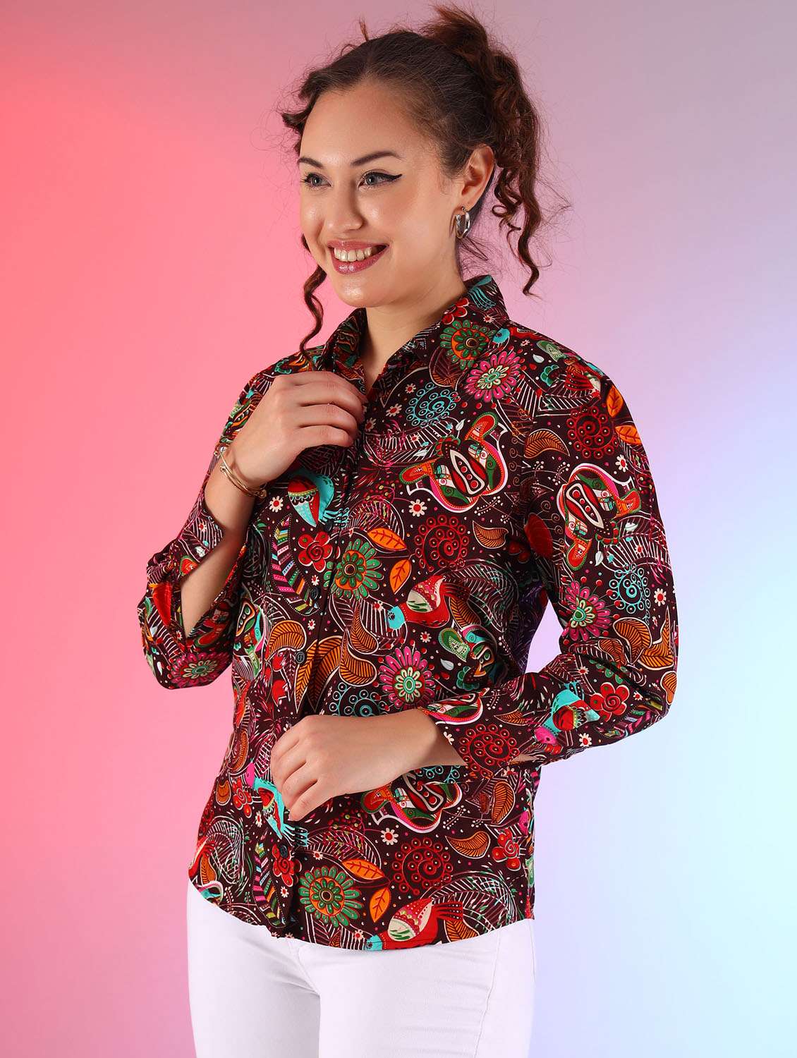 women printed collared puff sleeves shirt - 21355864 - Zoom Image - 0