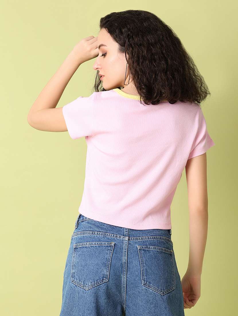 women pink typography print crop t-shirt - 21356101 -  Standard Image - 2