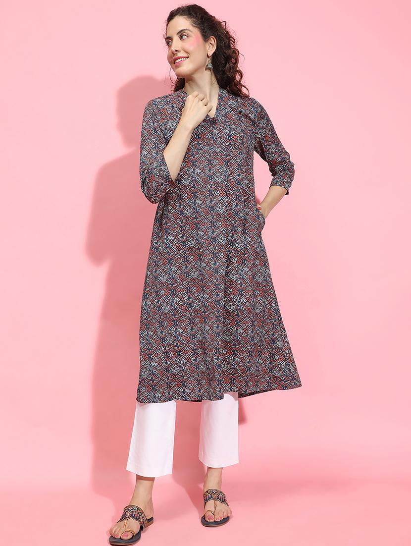 women navy blue block printed a-line kurta - 21356386 - Zoom Image - 0