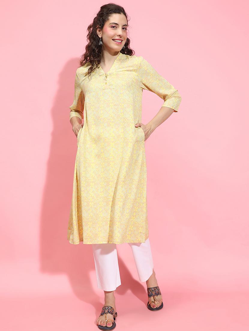 women yellow printed a-line kurta - 21356387 - Zoom Image - 0