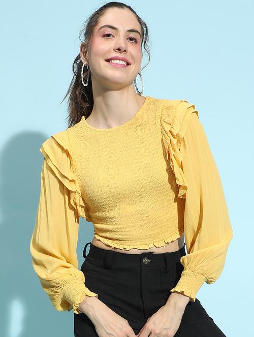 women yellow solid crop top - 21356427 -  Standard Image - 0