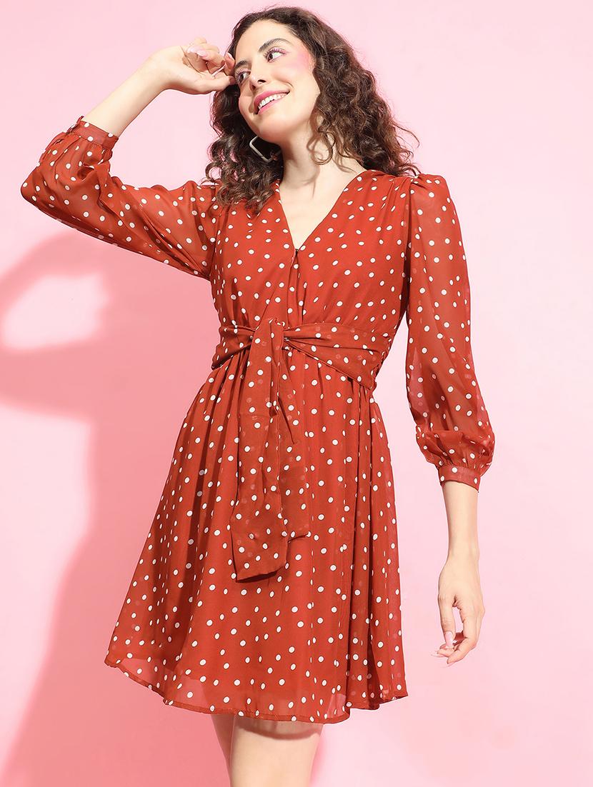 women rust polka dot fit & flare dress - 21356447 -  Zoom Image - 0