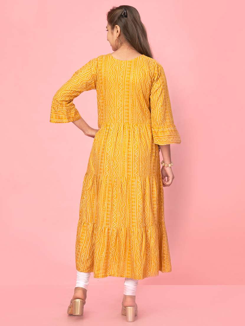 girls yellow bandhani printed tiered kurta - 21357070 -  Standard Image - 2