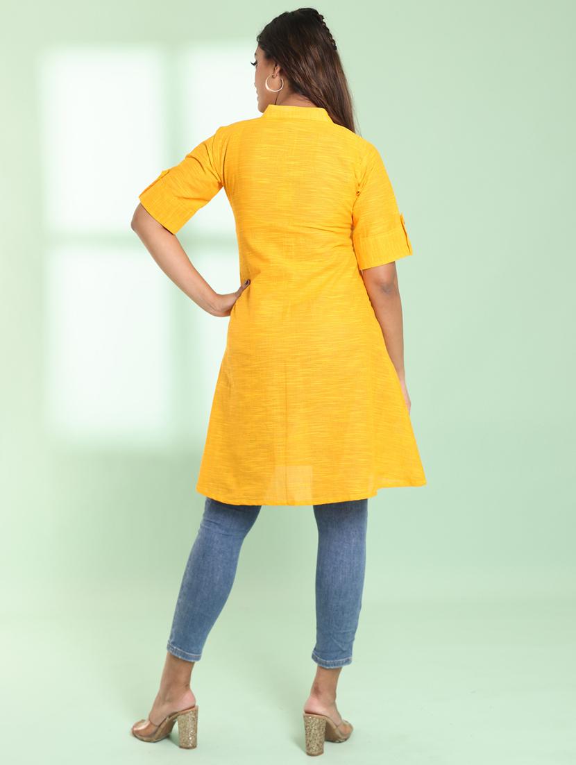 women yellow roll up slleeve a-line kurta - 21357898 - Standard Image - 2