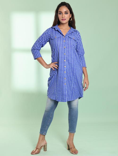 blue checkered cotton kurta - 21357909 - Standard Image - 0