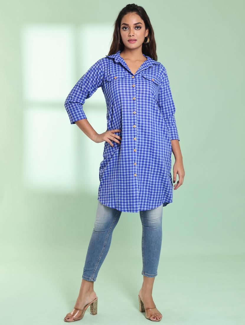 blue checkered cotton kurta - 21357909 - Zoom Image - 0