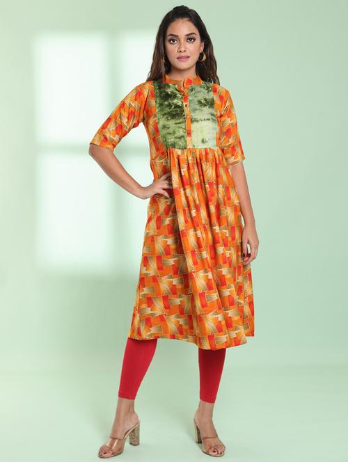 orange printed rayon a-line kurta - 21357910 -  Standard Image - 0