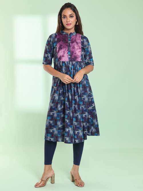 blue printed rayon a-line kurta - 21357912 -  Standard Image - 0