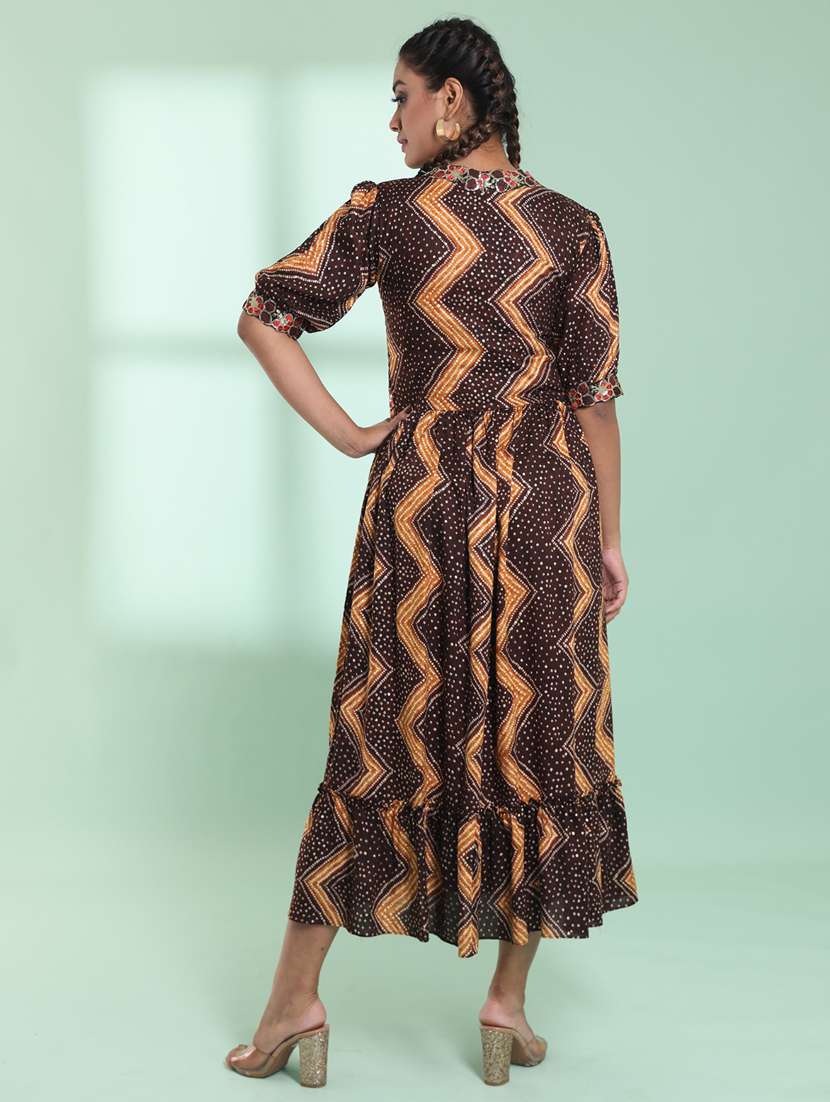 women brown bandhani printed fit & flare dress - 21357927 -  Standard Image - 2