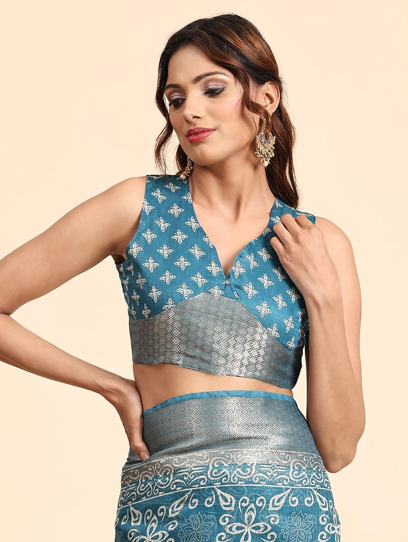 women light blue printed zari bordered saree with blouse - 21358979 - Standard Image - 2
