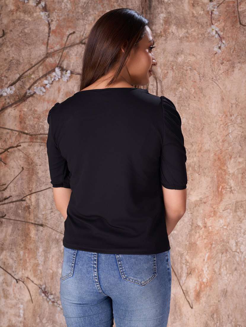 women solid puff sleeves straight top - 21359994 -  Standard Image - 2