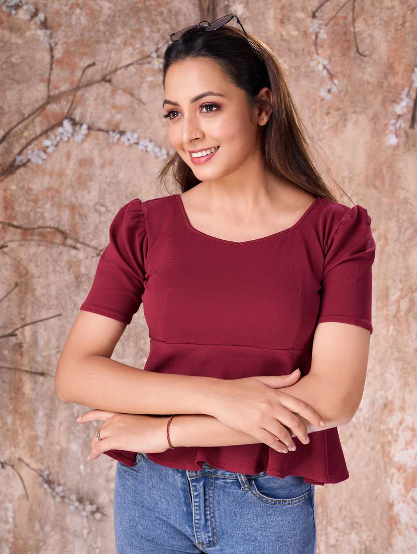 women solid puff sleeves peplum top - 21360000 - Standard Image - 2