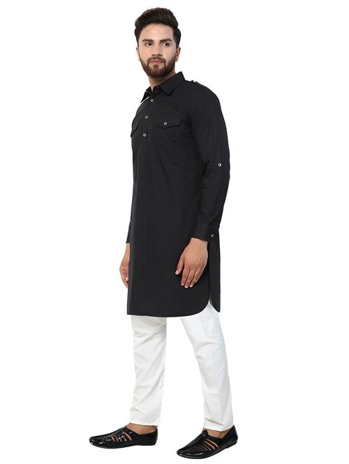 black cotton pathani kurta - 21360176 - Standard Image - 0