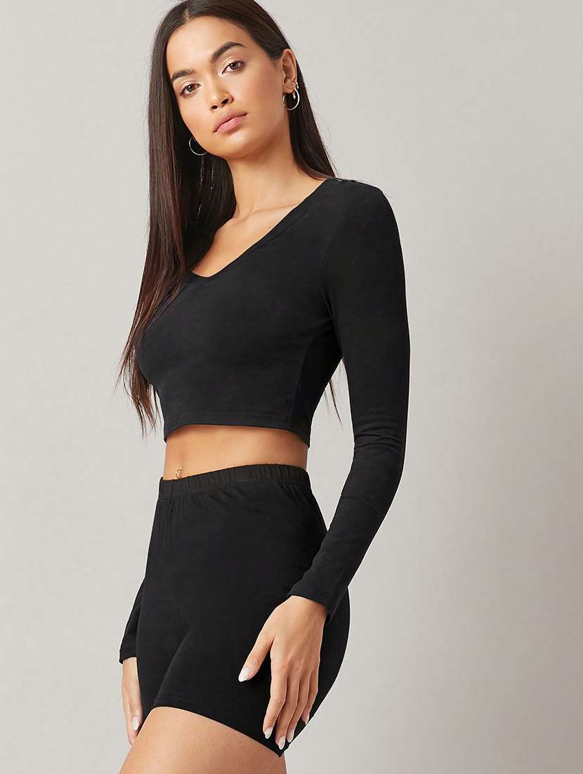 black lycra solid crop top - 21363749 -  Standard Image - 2