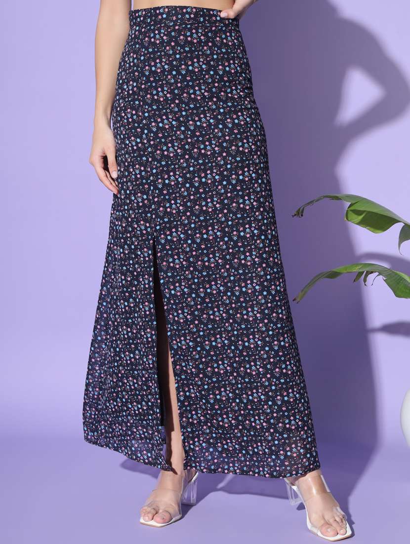 women navy blue floral printed flared skirt