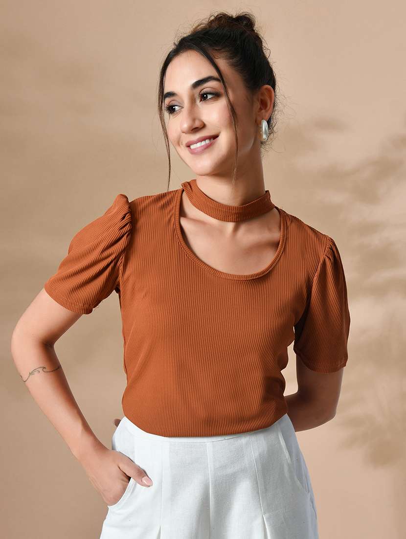 women solid chocker neck straight top - 21364505 - Standard Image - 2