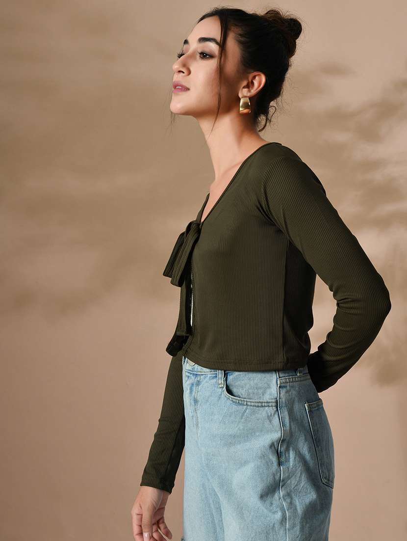 women solid long sleeves front tie up top - 21364518 - Standard Image - 2