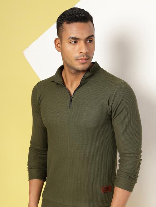 men olive green regular fit solid plus size t-shirt with stand collar - 21364558 -  Standard Image - 0