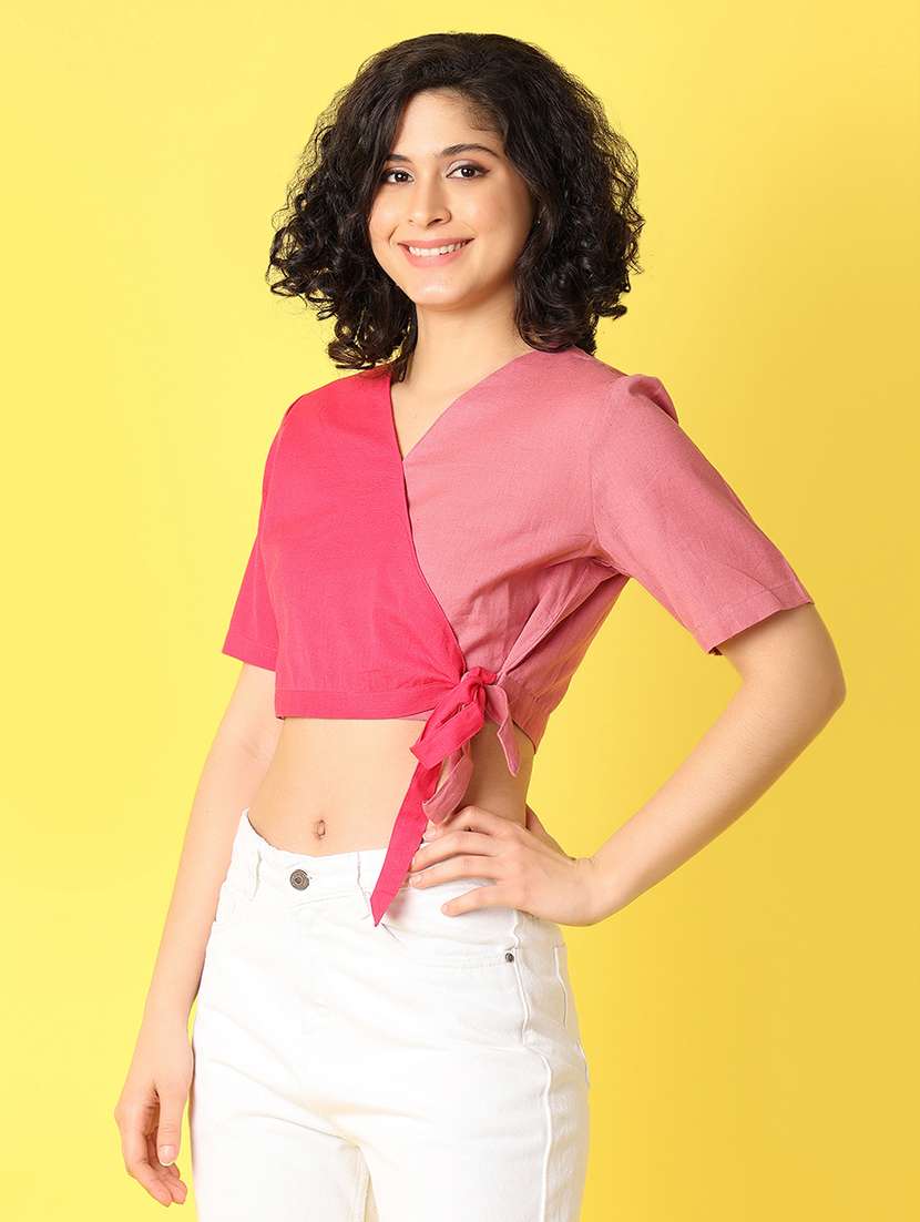 women pink color block crop top - 21366128 -  Standard Image - 2