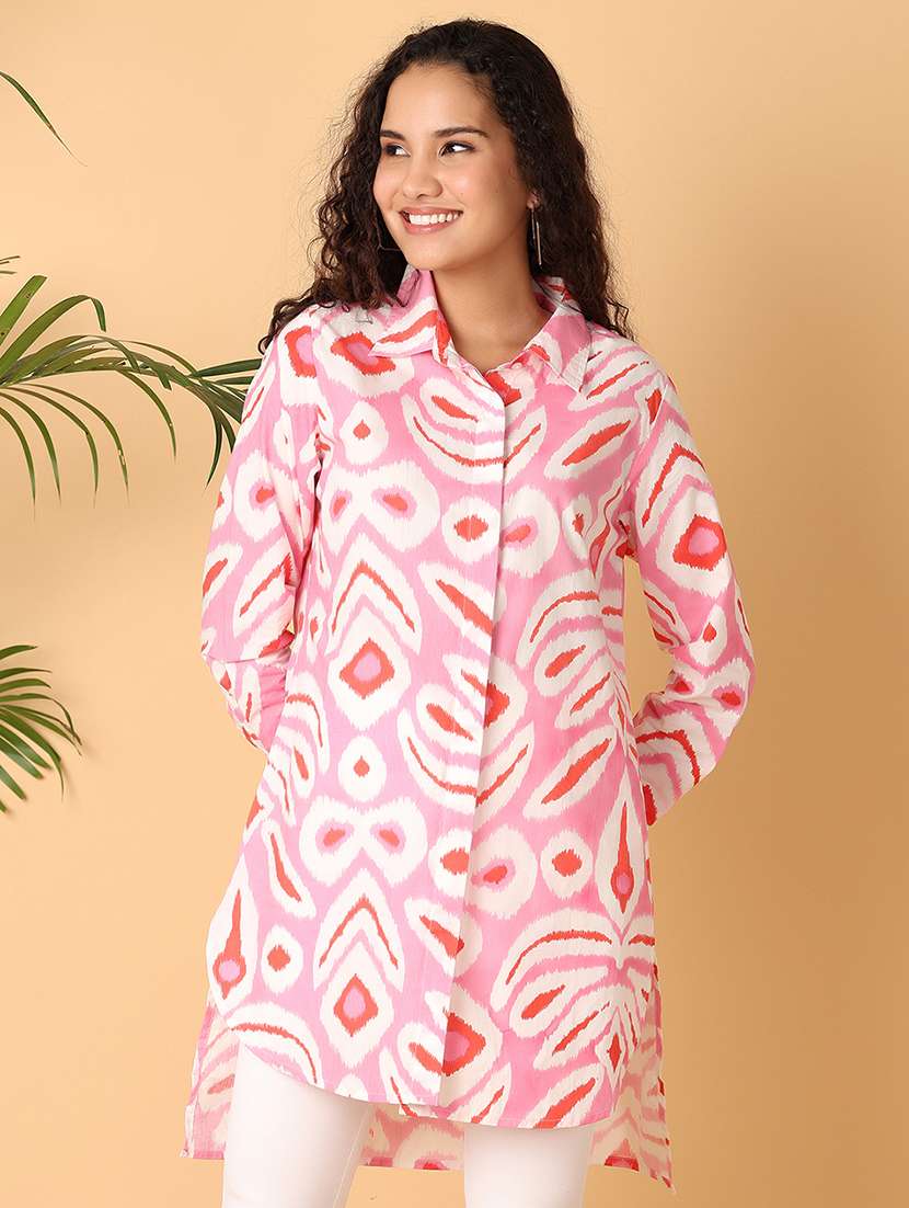 women printed shirt collar neck high-low kurti