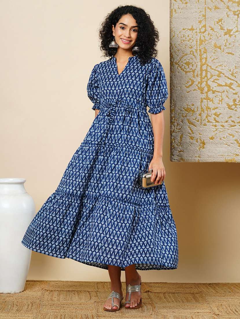 globus women indigo ethnic motif printed puff sleeve mandarin collar tired waist tie-up maxi dress