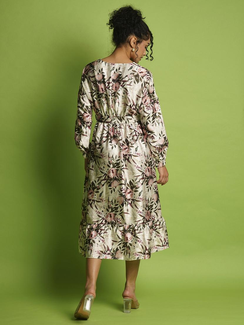 globus women multi white tropical print wrap neck bishop sleeves fit & flare belted midi dress - 21366509 - Standard Image - 2