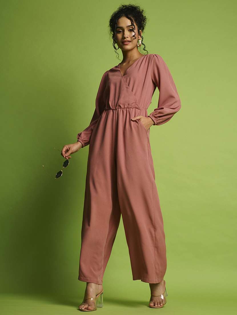 globus women dusty pink wrap neck bishop sleeves gathered waist workwear jumpsuit