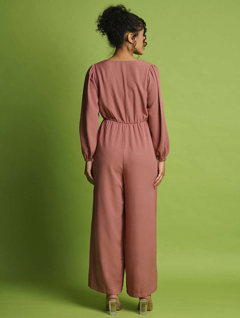globus women dusty pink wrap neck bishop sleeves gathered waist workwear jumpsuit - 21366511 - Standard Image - 2